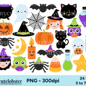 Clipart images featuring illustrations of Halloween items, including pumpkins, cauldron, bats, cats, star, candy, moon, ghosts, potions, spiders, owls, witches, hat and spiders web.