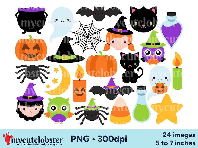 Clipart images featuring illustrations of Halloween items, including pumpkins, cauldron, bats, cats, star, candy, moon, ghosts, potions, spiders, owls, witches, hat and spiders web.