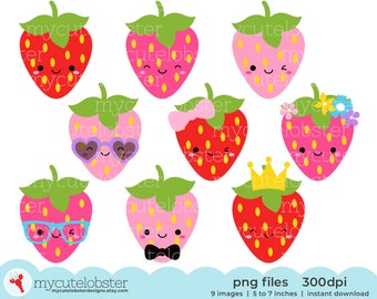 Cute Strawberries Clipart - happy strawberries clip art, cute strawberry, clipart set - Instant Download, Personal Use, Commercial Use, PNG