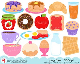 Breakfast Food Clipart - clip art set of toast, pancakes, donuts, waffles, muffin - Instant Download, Personal Use, Commercial Use, PNG