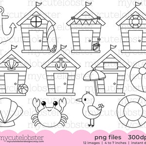 Beach Houses Digital Stamps - beach house outlines, cute beach houses, summer, houses - Instant Download, Personal Use, Commercial Use, PNG