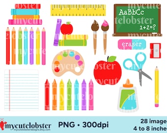 Puede incluir: Un conjunto de 28 imágenes de clip art de colores de útiles escolares, que incluyen crayones, lápices, pinceles, tijeras, una manzana, una regla, una paleta de pintura, una botella de pegamento, un borrador, un sacapuntas, una pila de libros y una pizarra con la ecuación 1+2=? escrita en ella.