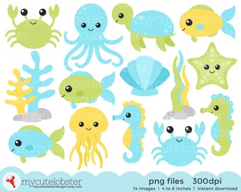 Blue and Green Sea Creatures Clipart Set - clip art set of fish, octopus, seahorses - Instant Download, Personal Use, Commercial Use, PNG