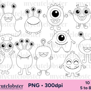 Timbri digitali Monsters - simpatici mostri contorni, line art, set di timbri digitali monster - Download immediato, uso personale, uso commerciale, PNG