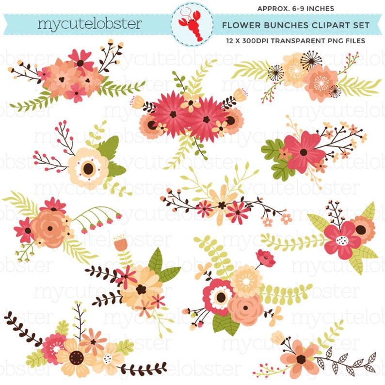Flower Clusters Clipart Set Floral Bunches Clipart Wedding Etsy