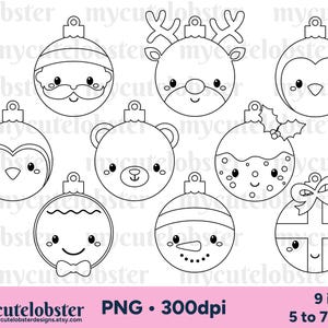 Timbri digitali di palline di Natale - graziosi contorni di palline, ornamenti, disegni al tratto di Natale - Download immediato, uso personale, uso commerciale, PNG