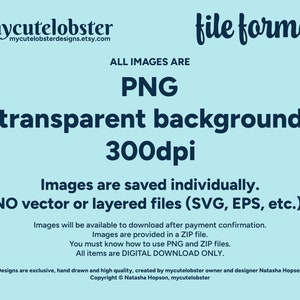 May include: Text that reads "mycutelobster" and "mycutelobsterdesigns.etsy.com" with a cartoon lobster illustration. The text "ALL IMAGES ARE PNG transparent background 300dpi" is in large, bold, blue font. The text "Images are saved individually. NO vector or layered files (SVG, EPS, etc.)" is in smaller, bold, blue font. The text "Images will be available to download after payment confirmation. Images are provided in a ZIP file. You must know how to use PNG and ZIP files. All items are DIGITAL DOWNLOAD ONLY." is in smaller, regular, blue font. The text "Designs are exclusive, hand drawn and high quality, created by mycutelobster owner and designer Natasha Hopson Copyright &copy; Natasha Hopson, mycutelobster" is in smaller, regular, blue font.
