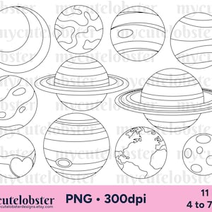 Sellos digitales del Sistema Solar: planetas, arte lineal, juego de sellos digitales, Tierra, Marte, contornos - Descarga instantánea, uso personal, uso comercial, PNG
