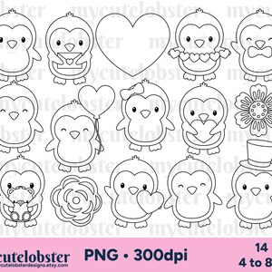 Sellos digitales de pingüinos para San Valentín: adorables sellos digitales de pingüinos, contornos de pingüinos - Descarga instantánea, uso personal, uso comercial, PNG