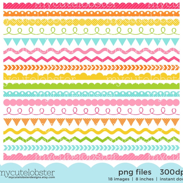 Colorful Borders Clipart Set - digital borders clip art set, scallop, zig zag, border - Instant Download, Personal Use, Commercial Use, PNG