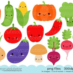 Cute Vegetables Clipart - clip art set of carrot, peas, broccoli, happy food clipart - Instant Download, Personal Use, Commercial Use, PNG