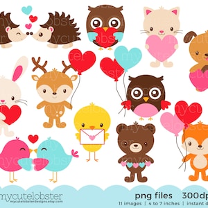 Animal Love Clipart Set clip art set of animals with hearts, love letters, balloons Instant Download, Personal Use, Commercial Use, PNG image 1