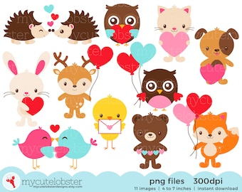 Animal Love Clipart Set - clip art set of animals with hearts, love letters, balloons - Instant Download, Personal Use, Commercial Use, PNG