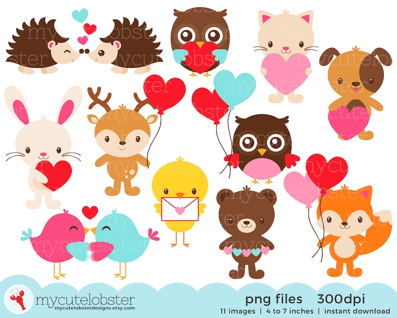 Animal Love Clipart Set clip art set of animals with hearts, love letters, balloons Instant Download, Personal Use, Commercial Use, PNG image 1