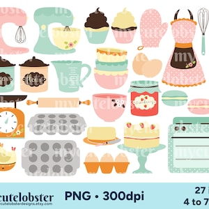 Clipart images featuring illustrations of baking items, including mixers, cupcakes, bowls, oven glove, apron, utensils, bowls, oven, jam, macarons, cake, eggs, butter, trays, egg timer, scales, rolling pin, measuring cup and jars.