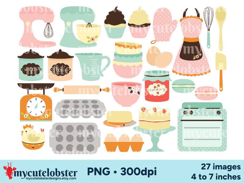 Clipart images featuring illustrations of baking items, including mixers, cupcakes, bowls, oven glove, apron, utensils, bowls, oven, jam, macarons, cake, eggs, butter, trays, egg timer, scales, rolling pin, measuring cup and jars.