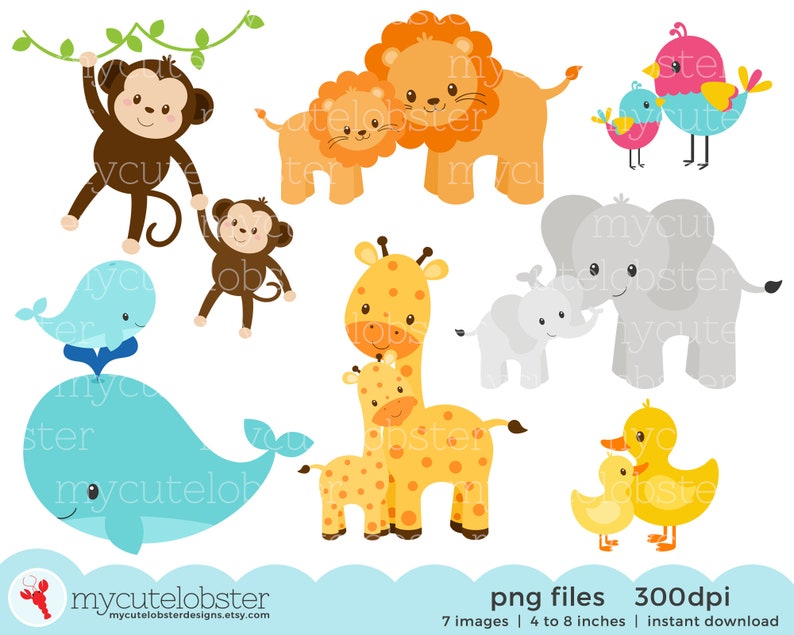 Mom and Baby Animals Clipart Set clip art set of animals, mom, baby, cute animals Instant Download, Personal Use, Commercial Use, PNG image 1