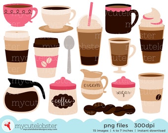 Coffee Clipart Set - clip art set of coffee, espresso, coffee break, cups, latte - Instant Download, Personal Use, Commercial Use, PNG