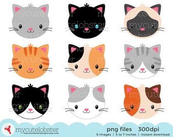 Cat Faces Clipart - set of cute cats, grey cat, siamese cat, calico cat, kittens - Instant Download, Personal Use, Commercial Use, PNG