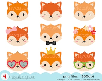 Fox Faces Clipart - cute fox clipart set, happy fox, sleepy fox, foxes clipart - Instant Download, Personal Use, Commercial Use, PNG