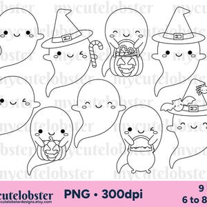 Sellos digitales de fantasmas de Halloween: arte lineal de Halloween, fantasmas adorables, sellos digitales de fantasmas - Descarga instantánea, uso personal, uso comercial, PNG
