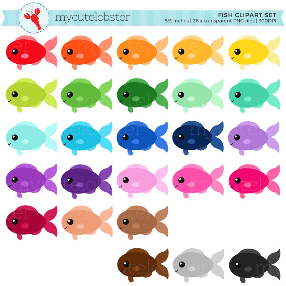 Rainbow Fish Clipart Set Clip Art Set of Fish, Cute Fish, Happy