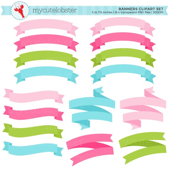 Banners Clipart Set Pink Green Blue Clip Art Set Of Etsy