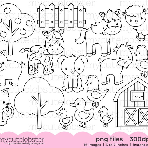 Farm Animals Digital Stamps - cute animals outlines, line art, farm digi stamp set - Instant Download, Personal Use, Commercial Use, PNG