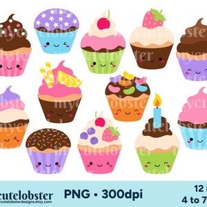 Schattige cupcakes clipart, happy cupcakes clipart, schattig eten clipart, eten png, taarten clipart, persoonlijk gebruik, commercieel gebruik
