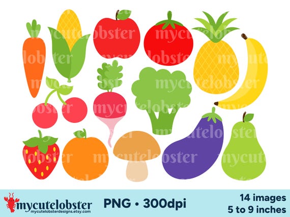Fruit and Vegetable Clipart - food clip art set, healthy graphics, PNG Digital Download