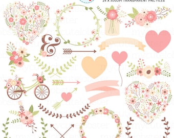 Floral Love Clipart Set - flowers, leaves, banners, hearts, wedding clip art, love - Instant Download, Personal Use, Commercial Use, PNG