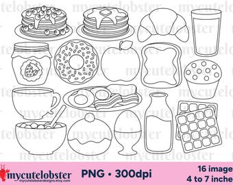 Breakfast Food Digital Stamps - dessert outlines clipart, lineart, PNG Digital Download