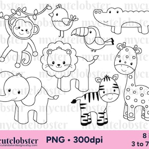 Sellos digitales de animales de safari para bebés: contornos, arte lineal, jirafa, mono, sellos digitales: descarga instantánea, uso personal, uso comercial, PNG