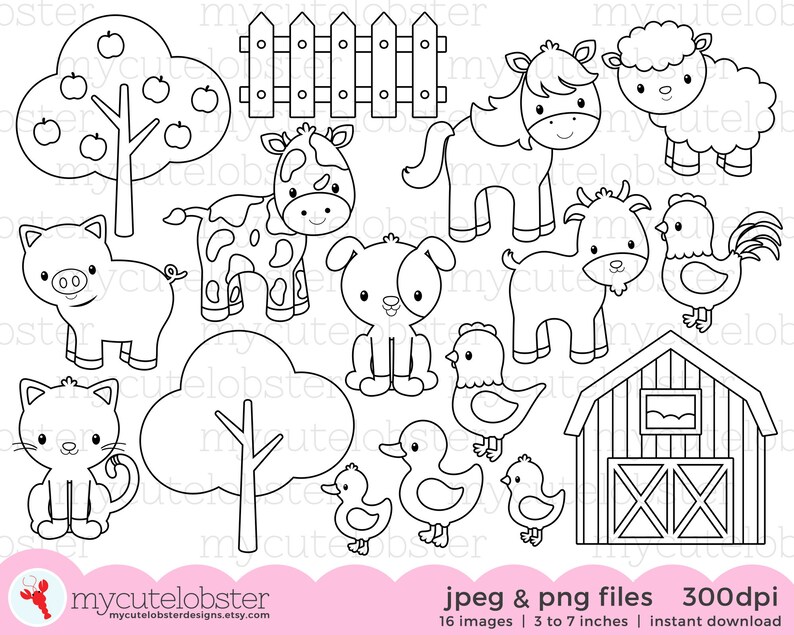 Download Farm Animals Digital Stamps Cow Horse Barn Line Art Etsy