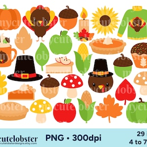 Clipart de Acción de Gracias - lindo conjunto de imágenes prediseñadas de Acción de Gracias, pavo, bellotas, imágenes prediseñadas de otoño - Descarga instantánea, uso personal, uso comercial, PNG