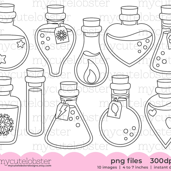 Potions Digital Stamps - potion bottles digi stamps, potion outlines, potions line art - Instant Download, Personal Use, Commercial Use, PNG