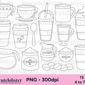 Sellos digitales de café - sellos, arte lineal, contornos, conjunto de sellos digitales de café, tazas de café - Descarga instantánea, uso personal, uso comercial, PNG