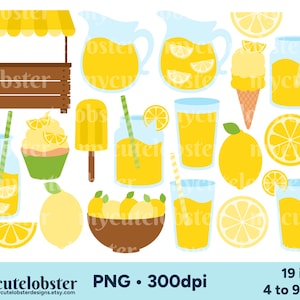 May include: A set of 19 digital images featuring a lemonade stand, lemons, pitchers of lemonade, glasses of lemonade, lemon cupcakes, popsicles, and mason jars of lemonade. The images are in a cartoon style and are perfect for crafting projects, scrapbooking, or digital design.