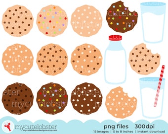 Chocolate Chip Cookies Clipart - clip art set of cookies, milk bottle, milk glasses - Instant Download, Personal Use, Commercial Use, PNG