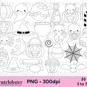 Sellos digitales de Halloween - lindo arte lineal de Halloween, murciélagos, pociones, caldero, contornos - Descarga instantánea, uso personal, uso comercial, PNG