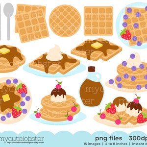 Waffles Clipart Set breakfast, food, waffle clip art, syrup, strawberries, dessert Instant Download, Personal Use, Commercial Use, PNG image 1