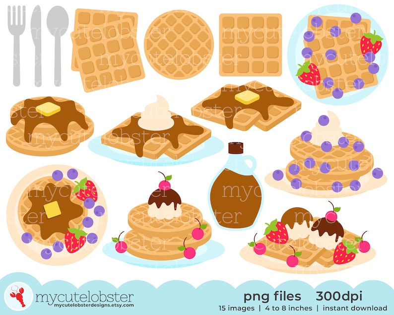 Waffles Clipart Set breakfast, food, waffle clip art, syrup, strawberries, dessert Instant Download, Personal Use, Commercial Use, PNG image 1