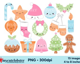 Pastell jul Clipart - uppsättning glada festliga bilder, PNG digital nedladdning