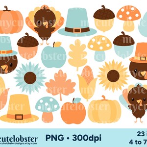 Clipart divertido de Ação de Graças - Conjunto de clipart de Ação de Graças, clipart de outono, peru, cogumelos - Download instantâneo, uso pessoal, uso comercial, PNG