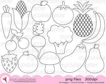 Fruit & Vegetables Digital Stamps - food outlines, line art, digital stamp set - Instant Download, Personal Use, Commercial Use, PNG