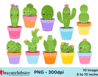Clipart di cactus - grafica di piante allegre, piante in vaso, download digitale PNG