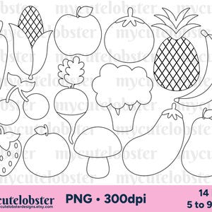 Sellos digitales de frutas y verduras: contornos de alimentos, arte lineal, juego de sellos digitales - Descarga instantánea, uso personal, uso comercial, PNG