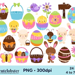 Caça aos ovos de Páscoa Clipart - conjunto de ovos de Páscoa, cestas, pintinhos, cordeiros, coelhos, cenoura - Download instantâneo, uso pessoal, uso comercial, PNG