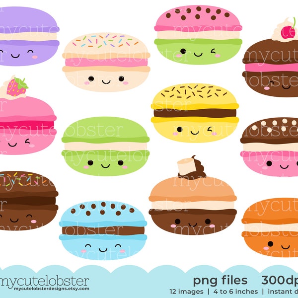 Clipart mignon de macarons - ensemble de macarons heureux, ensemble de clipart de macarons amusants, macarons - téléchargement immédiat, usage personnel, usage commercial, PNG