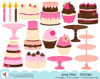 Pretty Cakes & Stands Clipart Set - cakes, stands, cupcakes, candles, cake stand - Instant Download, Personal Use, Commercial Use, PNG